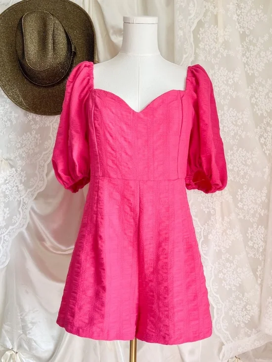 Hot Pink Puff Sleeve Barbie Cottagecore Sweetheart Neckline Romper - Picture 3 of 4